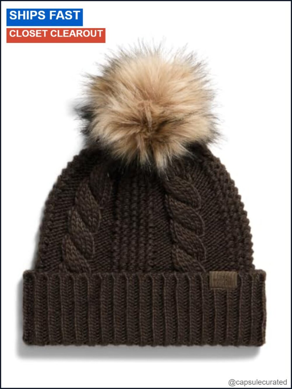 Women's Cable Knit Deep Fit Cuffed Beanie with Oversized Faux Fur Pom, Recycled